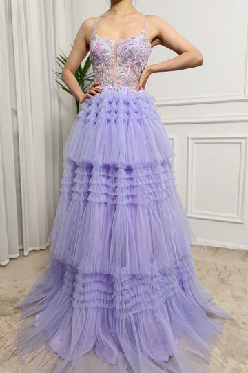 Lilac Tulle A Line Tiered Corset Long Prom Dress With Beaded Flower Appliques